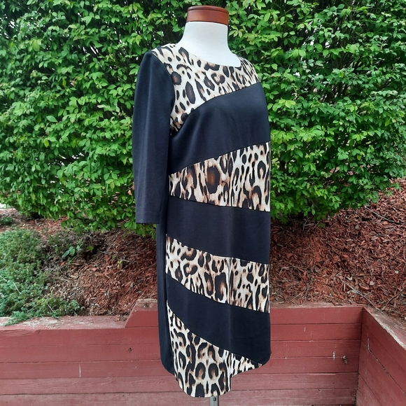 Chico's Asymmetric Leopard Colorblock Print Ponte Stretch Dress Slimming Petite - Picture 5 of 11